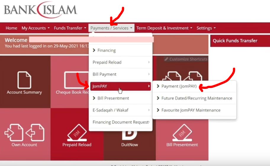Cara Bayar Bil Guna Bank Islam JomPAY Online Banking Portal